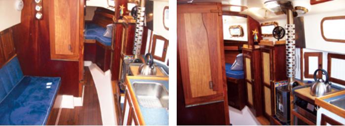 By applying mahogany to the saloon bulkhead and renewing the upholstery, Dave brought the decor up to date, at left. New cane-front lockers give the forward cabin a fresh look and the cabin heater will make the whole boat cozy in spring and fall, at right.