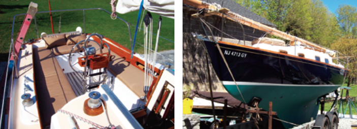 Her restoration complete, only Quester‘s original deck hardware gives away her age, at left. Resplendent in her refurbished teak and with fresh paint on her hull, deck, and spars, she looks like a new boat as she sits on the trailer prior to her journey to the coast, at right.