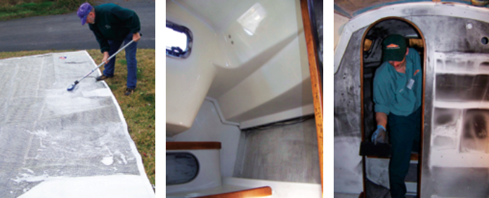 The boat and everything stowed aboard it had to be cleaned. The jib at least was an outdoor job, at left. Progress was slow but rewarding, as here where the head compartment begins to shine, center. A Servpro technician starts work on the saloon with a rubber sponge, at right.