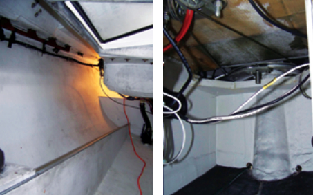 Painted surfaces, many of them in hard-to-reach places like the starboard cockpit locker, at left, and the fuel tank compartment, at right, needed multiple cleanings.
