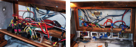 Because acidic smoke residues could cause problems down the line, the electrical panel, at left, had to be removed, cleaned, and rewired, at right.