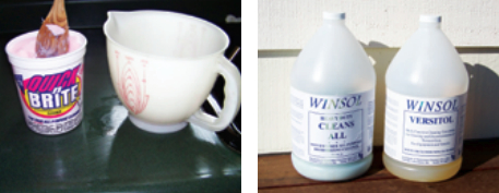 Durkee and Mary Jeanne started cleaning soft goods with QuickNBrite, at left, with good results. Further research turned up Winsol Laboratories of Seattle, two of whose products they also used, at right.