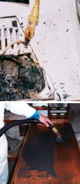 The fire aboard Sirius started in the head compartment, at left. The first step in the ensuing cleanup was to vacuum up all the loose soot, below.