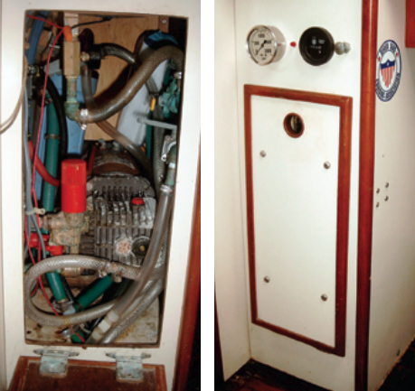 Components of Blue Stocking’s home-brewed watermaker occupy a locker under the chart table, near right. With the door closed, all that shows is the silver high-pressure gauge, far right.