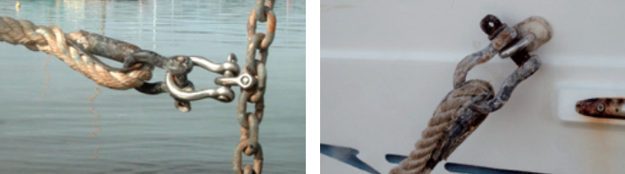 To eliminate chafe, Paul shackles one end of the anchor-chain snubber to the chain, using a high-tensile stainless-steel shackle, and the other to a U-bolt on the bow.