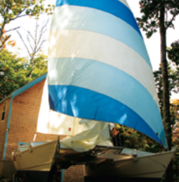 Nearly complete, the Martins’ Tiki 30 goes for a dry sail in the Maine woods.