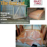 Dave built an extension on his garage, at left, then purchased a pile of high-quality marine plywood, above, to cut into dozens of components for the Tiki 30, below.