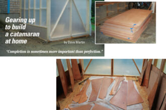Dave built an extension on his garage, at left, then purchased a pile of high-quality marine plywood, above, to cut into dozens of components for the Tiki 30, below.