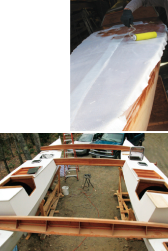 A coat of fiberglass cloth and epoxy will toughen the hulls’ exteriors, above. Two hulls take over the driveway, below.