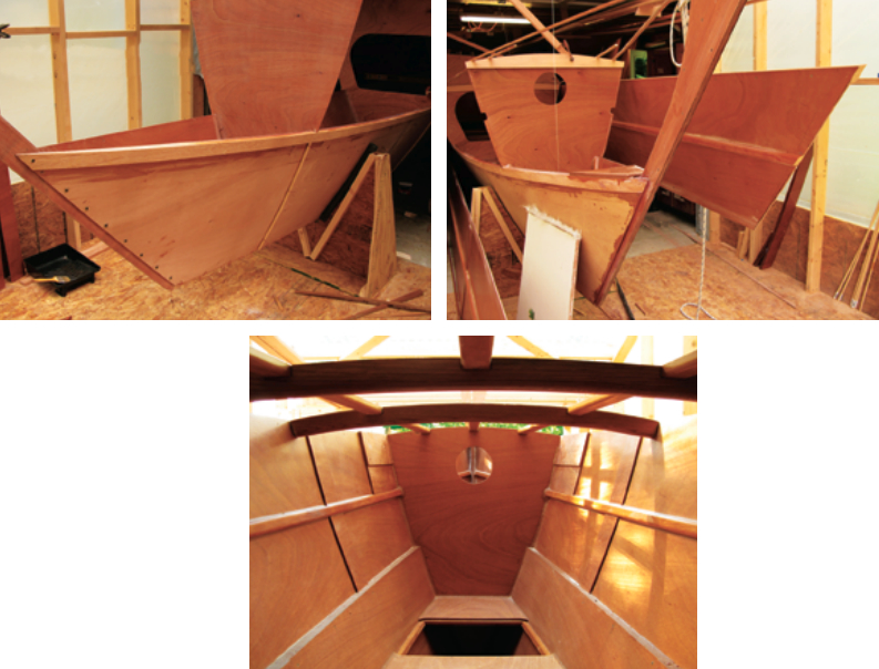 Flat plywood takes on curves in the lower part of a hull, top left, to be joined by the upper hull, top right. Sole boards and deck beams tie everything together, above.