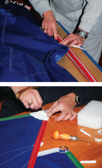 After spreading the sail out on the local gymnasium floor to inspect it in toto, Karen and Jerry returned it to the the dining room for the finishing touches. Before sewing them on, Jerry attached the edge tapes with Seamstick tape, top. When he’d hand-sewn leather anti-chafe patches on the corners, above, the sail was done.