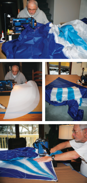 As the sail neared completion it threatened to engulf the room and the machine operator, at top. Assembly began with four separate parts: the three corners and the midsection. Jerry works on a reinforcement patch for the clew, at middle left, and the head awaits further stitching, at middle right. Jerry puts the final touches to the tack section, above.