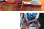 The signature feature of Henry’s handy-billy is the Clamcleat, above, with which he can easily grab onto a halyard or any other line that’s already under load. The handy-billy is portable, easy to set up, and gives youngsters pulling power beyond their years, at right.
