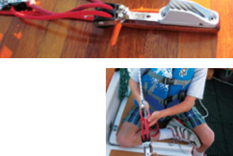 The signature feature of Henry’s handy-billy is the Clamcleat, above, with which he can easily grab onto a halyard or any other line that’s already under load. The handy-billy is portable, easy to set up, and gives youngsters pulling power beyond their years, at right.
