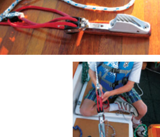 The signature feature of Henry’s handy-billy is the Clamcleat, above, with which he can easily grab onto a halyard or any other line that’s already under load. The handy-billy is portable, easy to set up, and gives youngsters pulling power beyond their years, at right.