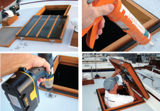 The project’s pieces come together. The hatch surround, lid, and screen are assembled, above left. Fastener holes for the hinges get a dose of sealant, above right, before the fasteners are installed, below left. Once he had installed the hinges, Chuck could fit the hatch support stays to the lid, below right.