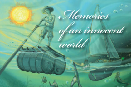 Illustration of a boy on a raft next to a boat