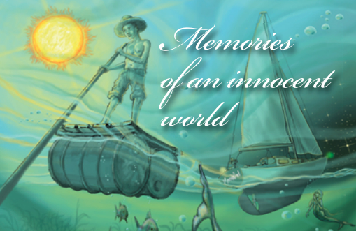 Illustration of a boy on a raft next to a boat