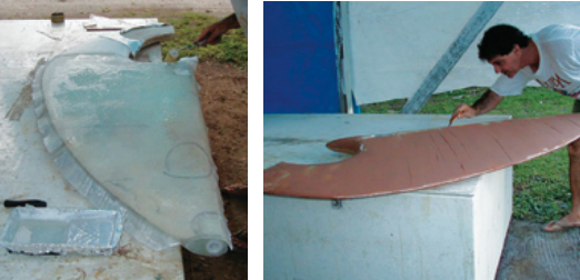 Randy used epoxy resin and biaxial fiberglass fabric for the rudder’s structural skins, wrapping the fabric around the edges for strength, at left. Once the glasswork was complete, he applied a layer of microballoon paste that he would sand to give the rudder its final smooth shape, at right.