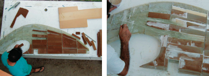 With foam strips fitted between the ribs and stringers, the rudder really begins to take shape, at left. At the top of the rudder, Randy built up the backbone with solid laminate to ensure a strong connection to the rudder stock’s attachment plates.