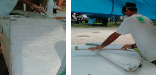 After building up the rudder’s core with foam and fiberglass, Randy applied a microballoon paste, above left, which he then sanded with a longboard to eliminate any unevenness, above right.