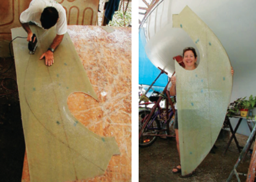 The rudder’s backbone is a fiberglass sheet, above left, that is bigger than Cheryl, above right.