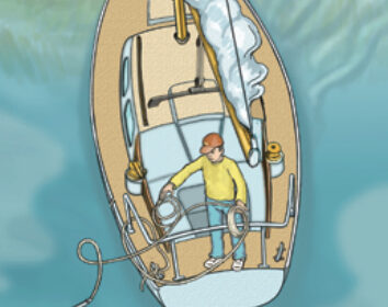 To get a boat out of a stuck situation, throw a small anchor as far as possible toward deep water. Tug on the rode to set the anchor, then use the cockpit sheet winch to apply tension to the rode and pull the boat toward the anchor.