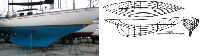 Dorade, above, carrying a refi ned classic full keel, won the 1931 Transatlantic Race to launch her designer, Olin Stephens, on a spectacular career. Because the Alberg 35’s hull has a distinct forefoot, its keel can be described as a modified full keel, at left.