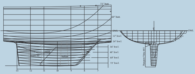 A moderate-aspect-ratio keel with internal ballast on a 48-foot cruising hull.
