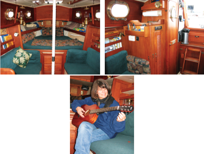 It’s not difficult to understand why the Pacific Seacraft Dana would appeal to a sailor accustomed to larger vessels. The massive bronze portlights would suit a schooner. Karen, below, has added touches, including reupholstering the cushions, to make the boat her own.