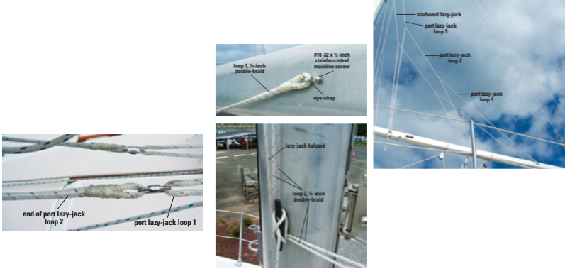 Quick Link supported by the loop forward of it, at bottom of facing page. These let the loops self adjust when the lazy-jacks are deployed above. The lazy-jacks attach to the boom with spliced loops in eye-straps, top at left. To retract the lazy-jacks, Joe tucks them under mast cleats and takes up on the halyards, bottom at left.