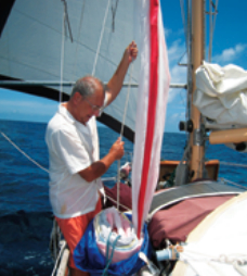 On passage, the sailbag is lashed to the deck and ed (or ellen) hoists the sail directly from it.