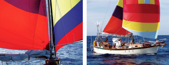 It takes very little wind to keep nylon asleep, and the tension in the sailcloth is quite apparent, above left. Having both sails drawing reduces roll and contributes mightily to balance and drive. In this light air and in this sea state, a Dacron mainsail would never sleep, above right.