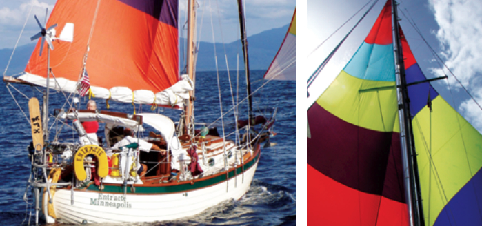 The working mainsail is ready to be hoisted at any time and the Mainster can be doused with its sock on short notice. Moreover, the Mainster’s flexibility allows it to be flown with a variety of light-air headsails; a cruising spinnaker, above left, or a hanked-on nylon genoa, above right.