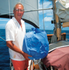 The Mainster, stowed in its sock in its own sailbag, takes up very little space.