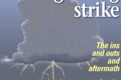 Lightning results when particles with opposite charges accumulate at the base of a thunderhead and on the earth’s surface.