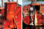 Cut down and prettied up, facing page, a standard outboard bracket is a perfect fit aboard Persistence, at left.