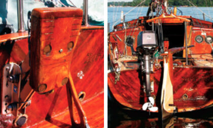 Cut down and prettied up, facing page, a standard outboard bracket is a perfect fit aboard Persistence, at left.