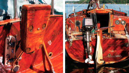 Cut down and prettied up, facing page, a standard outboard bracket is a perfect fit aboard Persistence, at left.