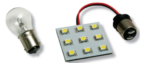 A 9-led panel bulb, at right, replaced the standard bulb in a cabin light, at left on facing page.