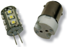 The multi-LED bulb at left fits an adaptor base for an 1142 socket. Clarence used this for his anchor light.