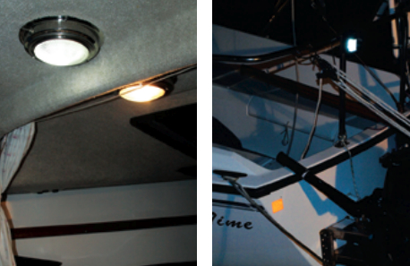 The cool-white LED bulb, above left, left fixture, is as bright as the incandescent bulb it replaced, right fixture. With its LED replacement bulb, the stern light is very bright, at right.