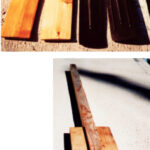 The aluminum and plastic oars outlived one dinghy. When they eventually succumbed to age, Richard made replacements, above. Using lumber from a building supply store he began by gluing nominal 1- x 2-inch “wings” to a 2- x 2-inch shaft, below.