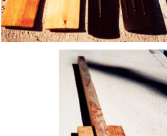 The aluminum and plastic oars outlived one dinghy. When they eventually succumbed to age, Richard made replacements, above. Using lumber from a building supply store he began by gluing nominal 1- x 2-inch “wings” to a 2- x 2-inch shaft, below.