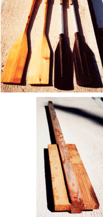 The aluminum and plastic oars outlived one dinghy. When they eventually succumbed to age, Richard made replacements, above. Using lumber from a building supply store he began by gluing nominal 1- x 2-inch “wings” to a 2- x 2-inch shaft, below.