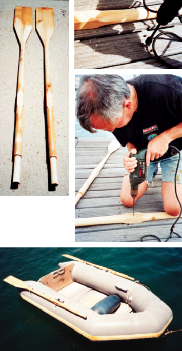All but finished, the oars need only the means to attach them to the dinghy, above. Richard drilled holes for the bolts, at right, and cut recesses for washers with a spade bit, at top right. The shiny wooden oars lend Sigfrid’s dinghy some much needed class, below.