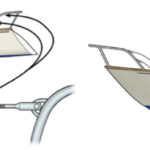 Don recommends stainless-steel lifelines be continuous between bow and stern, at left. Turnbuckles fitted at the after ends can be slackened and unpinned to create a convenient loading gate when needed, above.