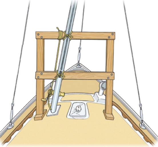 With the mast secured on its temporary step to the side, the work of repairing the mast step could proceed unhindered.