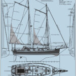 This drawing shows the single-halyard system we used for the gaffs on Jakatan, a modern schooner. In a recent all-schooner race in San Francisco, competing against several larger vessels, Jakatan was first to finish by 14 minutes.