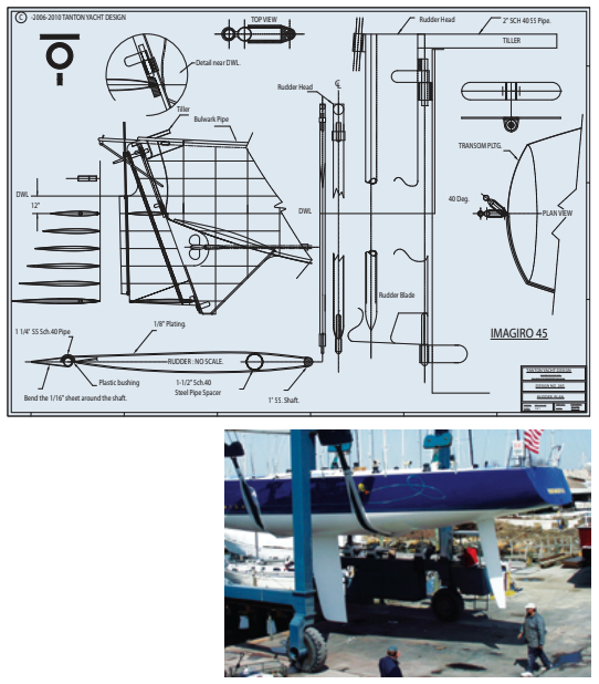 For the Imagiro 45, a rugged steel cruising boat, yves-marie tanton designed an outboard rudder supported on a robust skeg, above. Ptarmigan, a Nelson/marek 52 was built to race. Her high-aspect-ratio spade rudder takes advantage of her deep draft, at right.